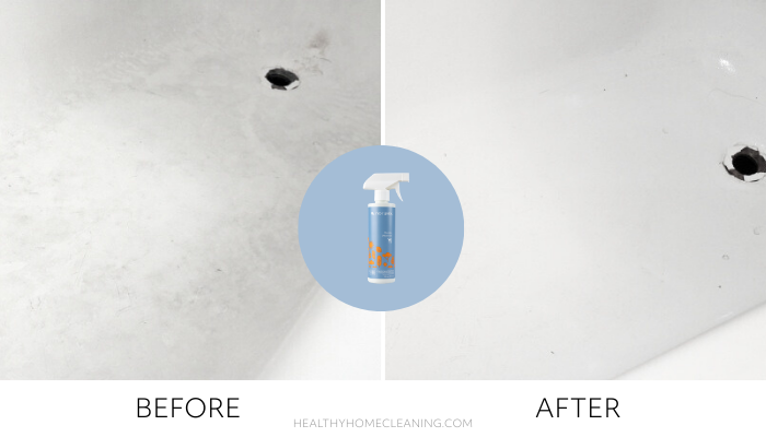 Before & After using Norwex Descaler on a dirty bathtub
