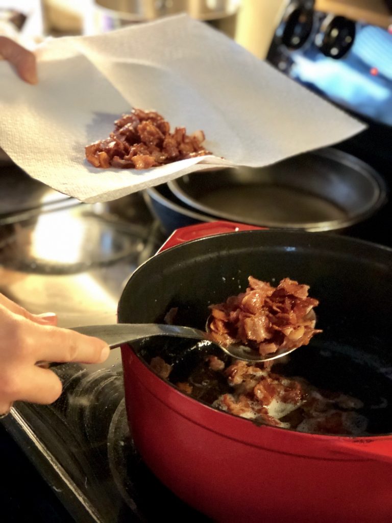 cream of broccoli soup - remove bacon from the pot