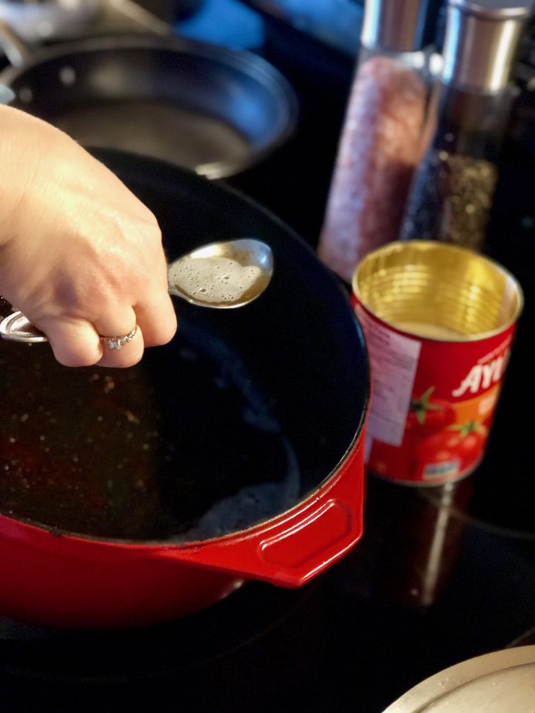 Drain SOME of the bacon grease from the pot, but not all of it.