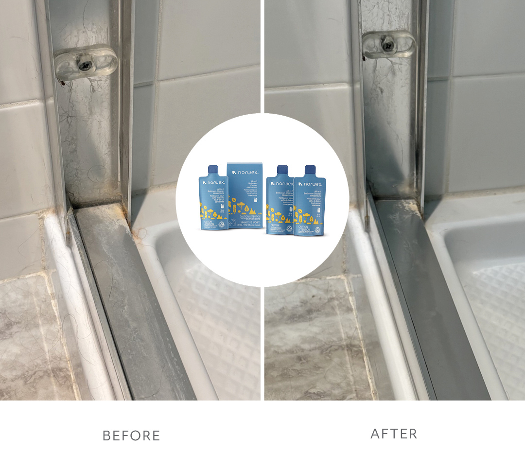 Norwex All-in-1 Bathroom Cleaner for your shower door rails