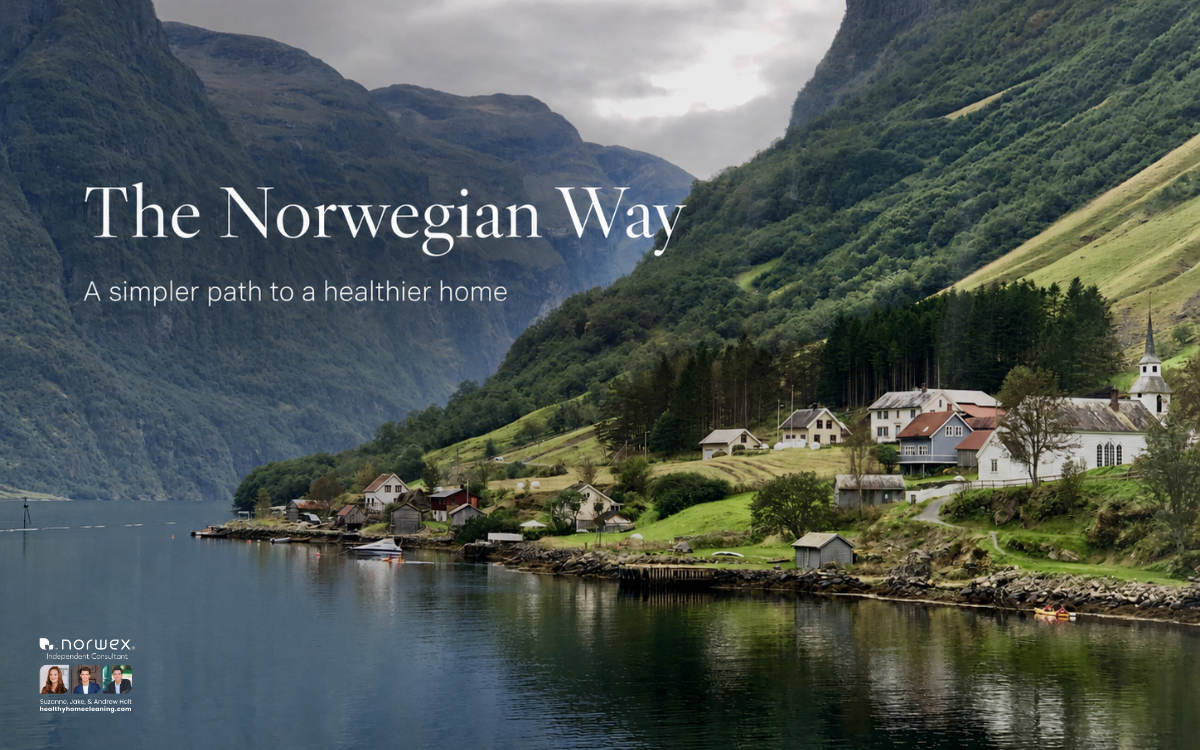 Traditional Norwegian homes reflected in a fjord