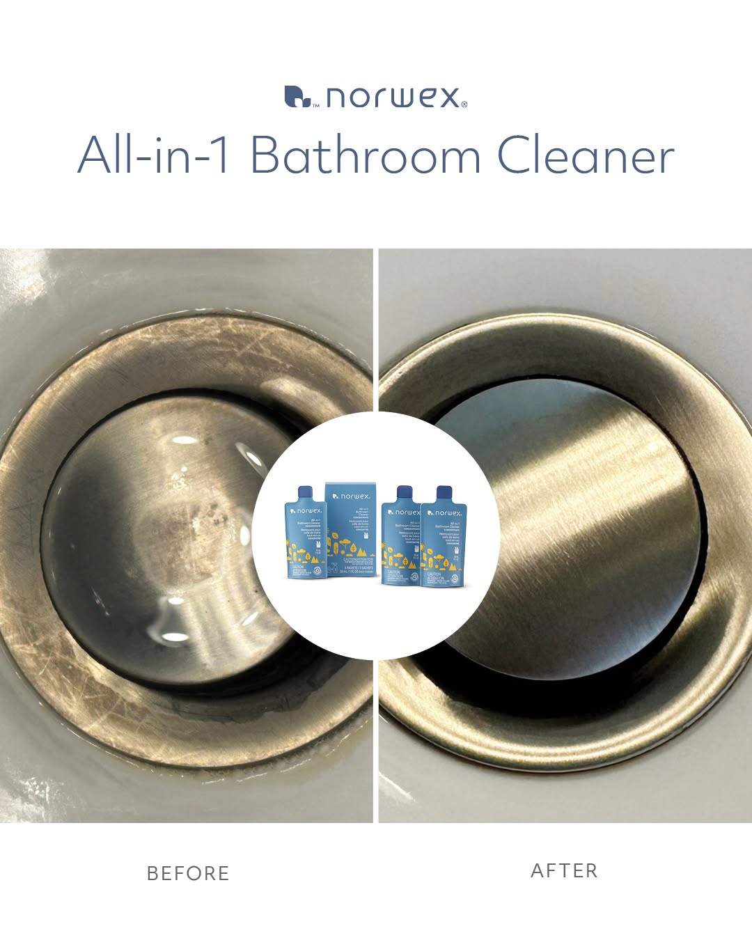 Bathroom drain before and after Norwex All-in-1 Bathroom Cleaner
