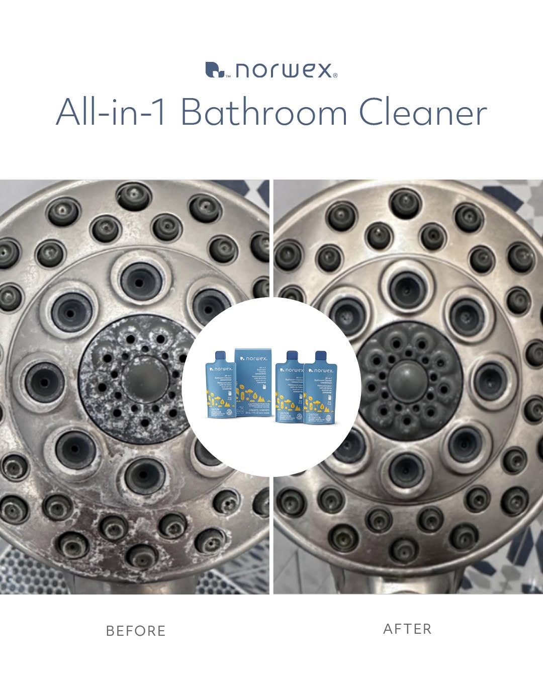 Mineral buildup on showerhead before and after Norwex All-in-1 Bathroom Cleaner