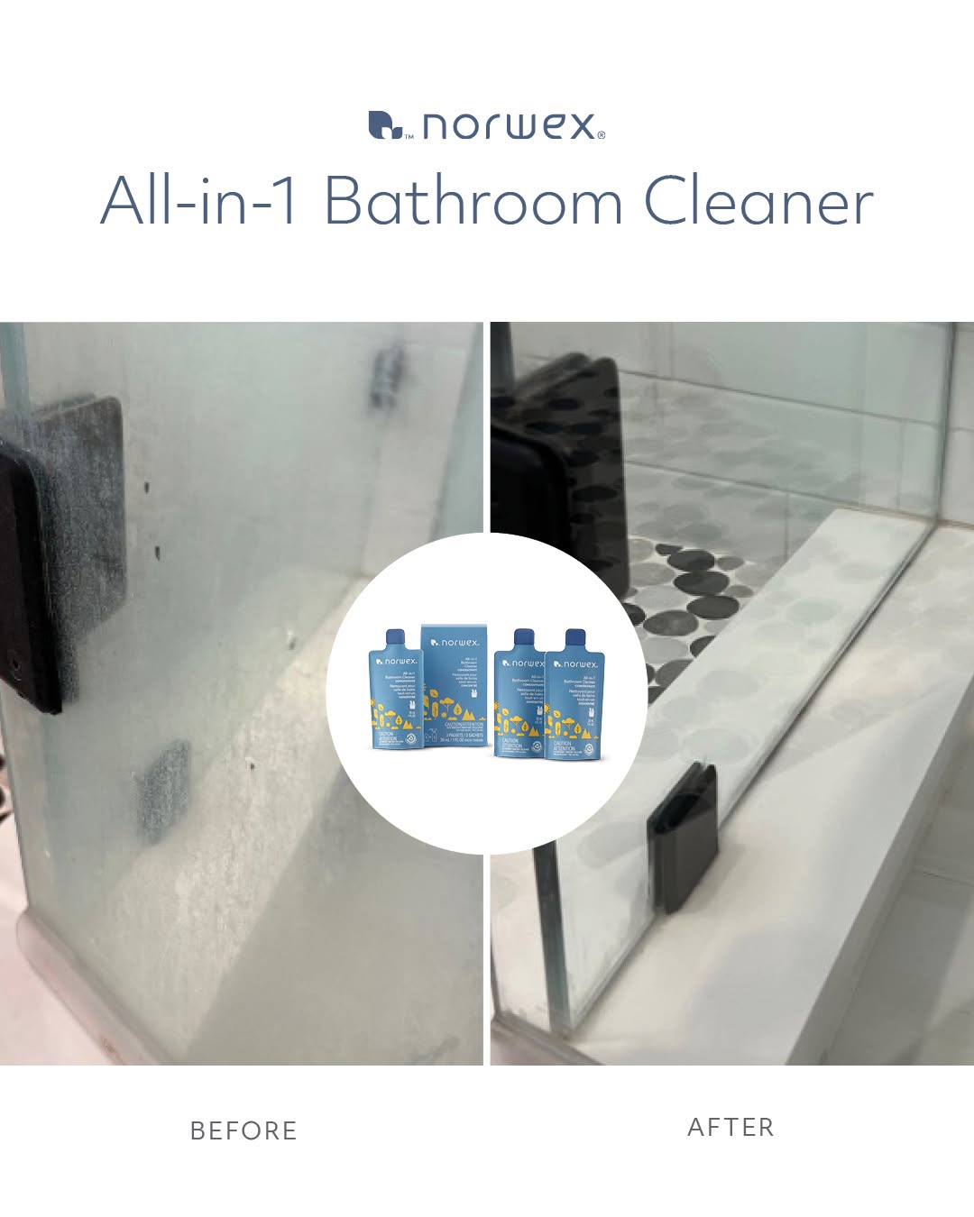 Cloudy shower glass before and after Norwex All-in-1 Bathroom Cleaner