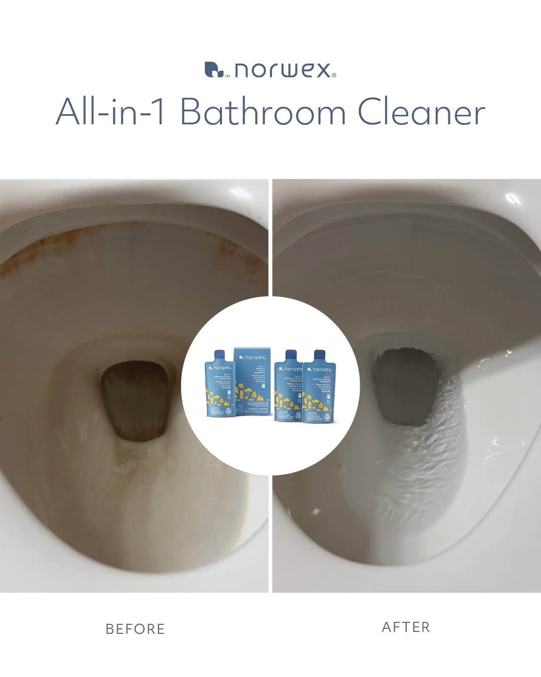 Stained toilet bowl before and after Norwex All-in-1 Bathroom Cleaner